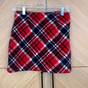 Red, navy, and white plaid skirt